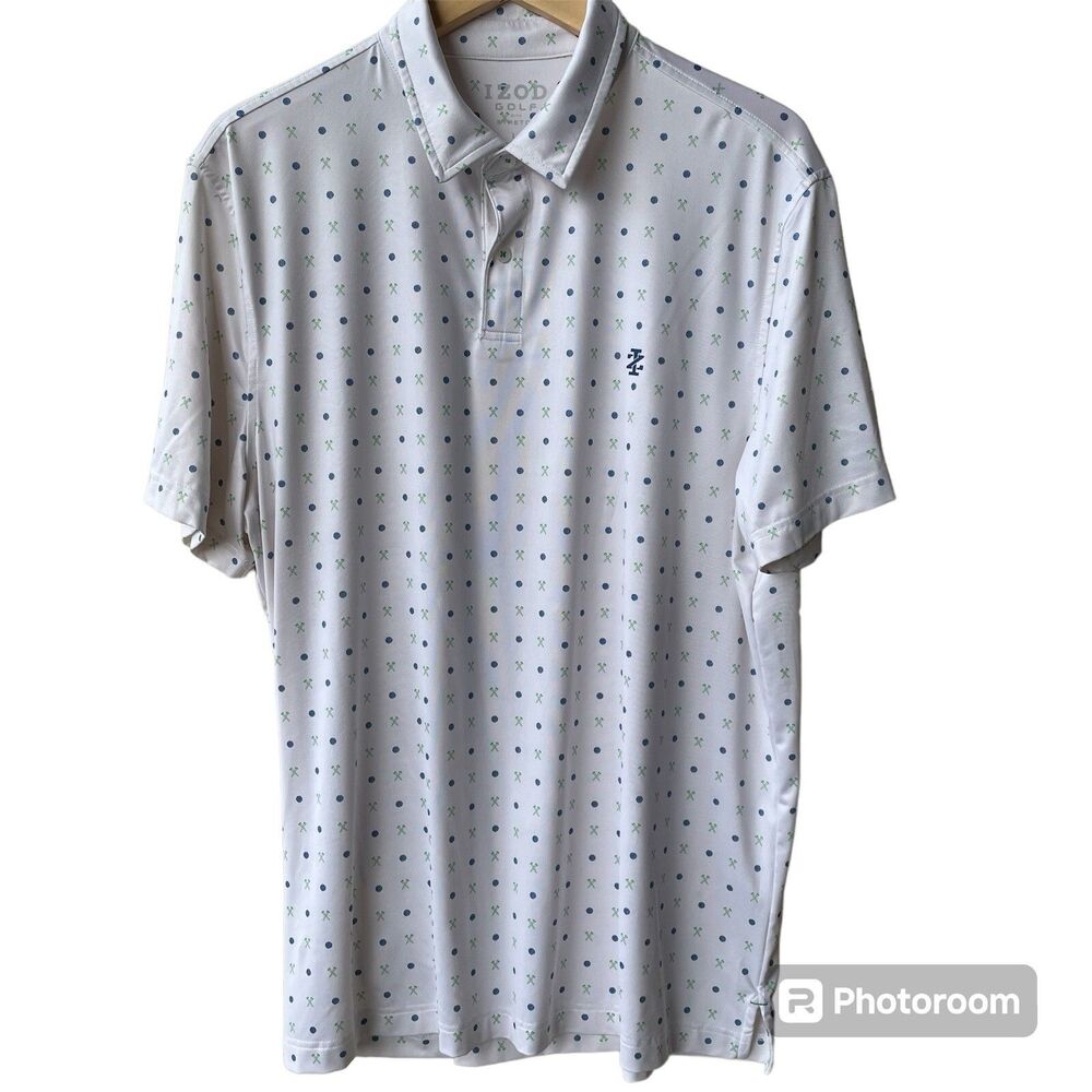 Izod Polo Shirt Mens Large Golf Tee Ball Print Golf Stretch Short Sleeve